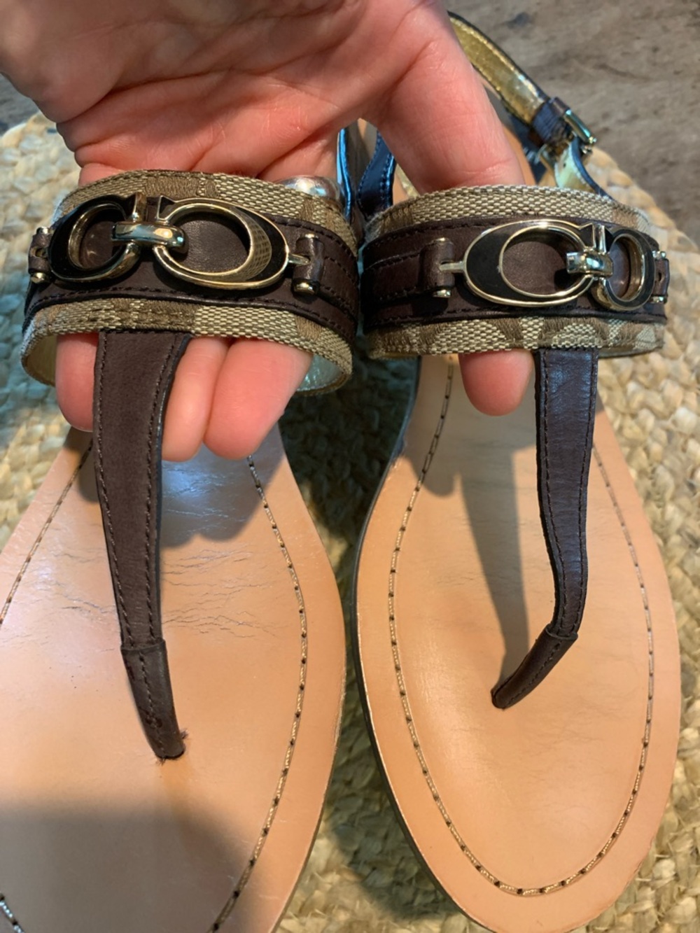 Coach Brown Leather and Signature Canvas Thong Sandals with Metal Accent - Picture 3 of 9